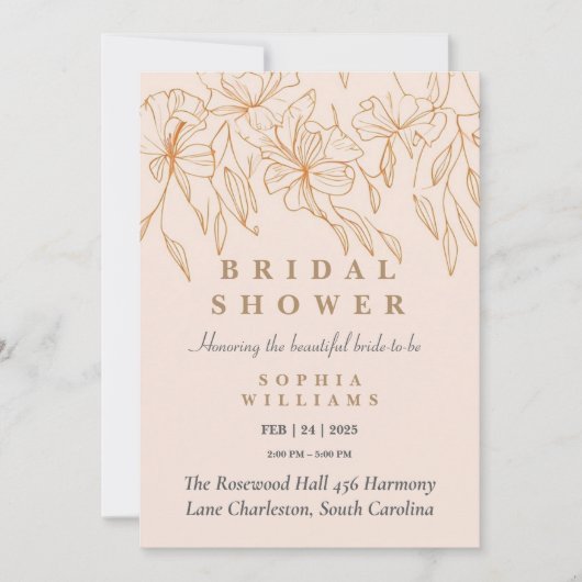 Minimalistische gouden bloemen bruids douche uitno kaart (Voorkant)