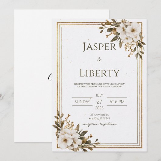 Minimalistische gouden bloemen bruiloft kaart (Voorkant / Achterkant)