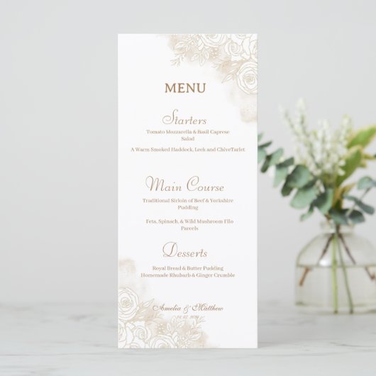 Minimalistische gouden bloemen elegante bruiloft menu (Staand voorkant)