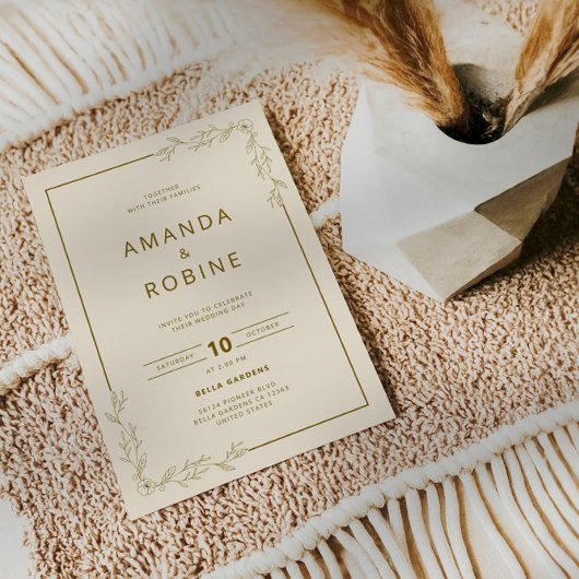 Minimalistische Gouden Bloemen Huwelijksuitnodigin Kaart