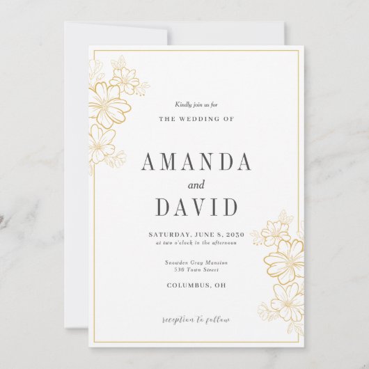 Minimalistische Gouden Bloemen Huwelijksuitnodigin Kaart (Achterkant)