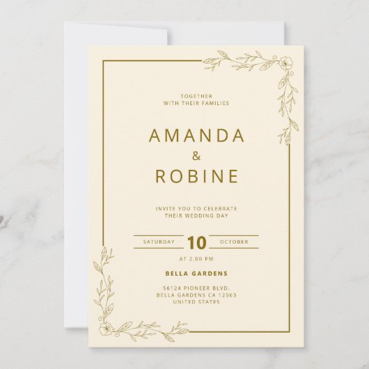 Minimalistische Gouden Bloemen Huwelijksuitnodigin Kaart (Voorkant)