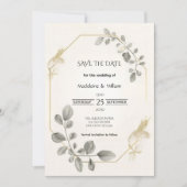Minimalistische gouden botanische elegante bruilof save the date (Voorkant)