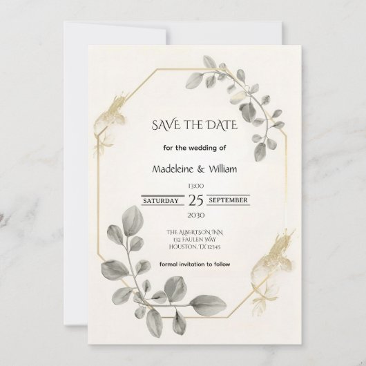 Minimalistische gouden botanische elegante bruilof save the date (Voorkant)