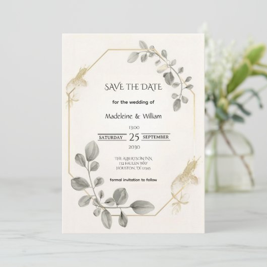 Minimalistische gouden botanische elegante bruilof save the date (Staand voorkant)