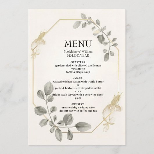 Minimalistische gouden botanische eucalyptusbruilo menu (Voorkant)