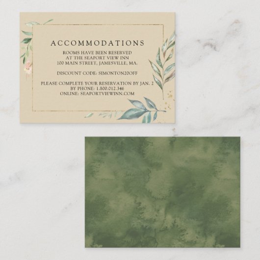 Minimalistische gouden botanische trouwaccommodati informatiekaartje (Voorkant / Achterkant)
