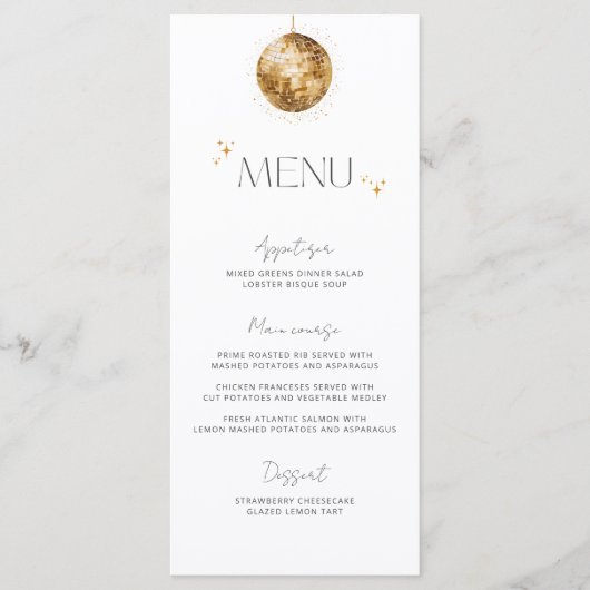 Minimalistische Gouden Disco Bal Huwelijksmenu Menu (Voorkant)
