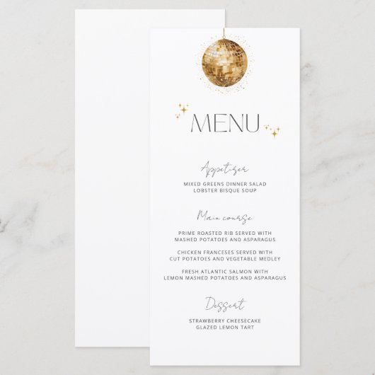 Minimalistische Gouden Disco Bal Trouwmenu Menu (Voorkant / Achterkant)