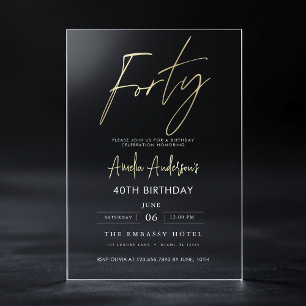Minimalistische gouden elegante script 40e verjaar acryl uitnodigingen