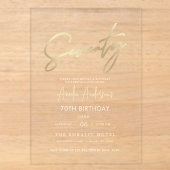 Minimalistische Gouden Elegante Script 70e Verjaar Acryl Uitnodigingen (Voorkant)