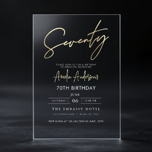 Minimalistische Gouden Elegante Script 70e Verjaar Acryl Uitnodigingen