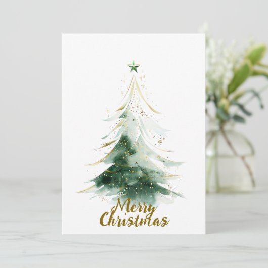 Minimalistische gouden en groene Waterverf kerstbo Feestdagenkaart (Staand voorkant)