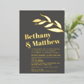 Minimalistische gouden folie bladeren op grijsbrui folie uitnodiging (Staand Voorkant)