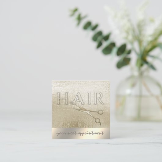 Minimalistische gouden folie schaar HAAR Afsprakenkaartje (Staand voorkant)