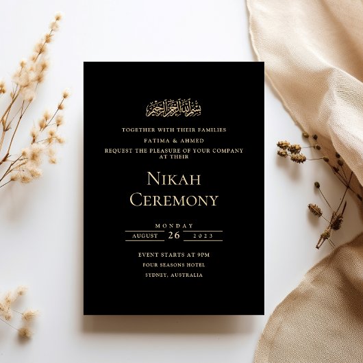 Minimalistische gouden formele script zwarte Nikah Kaart
