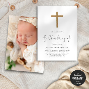 Minimalistische gouden glitter cross foto doopsel kaart