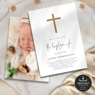 Minimalistische gouden glitter kruis foto doop kaart