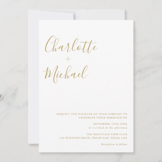 Minimalistische gouden handtekening trouwscript kaart (Voorkant)