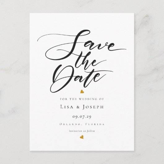 Minimalistische Gouden Harten Zwart en Wit Script Briefkaart (Voorkant)