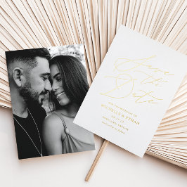 Minimalistische gouden kalligrafie foto save the d folie uitnodiging