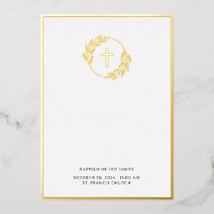Minimalistische gouden laurierkruis doopuitnodigin folie uitnodiging