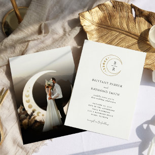 Minimalistische gouden maan hemelse bruiloft kaart