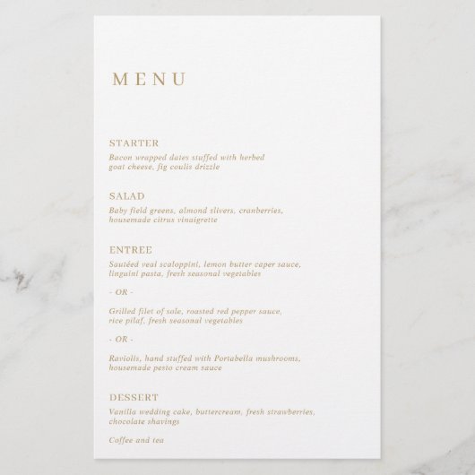 Minimalistische gouden moderne bruiloft menu (Voorkant)