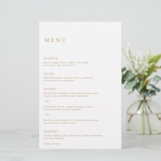 Minimalistische gouden moderne bruiloft menu (Staand voorkant)