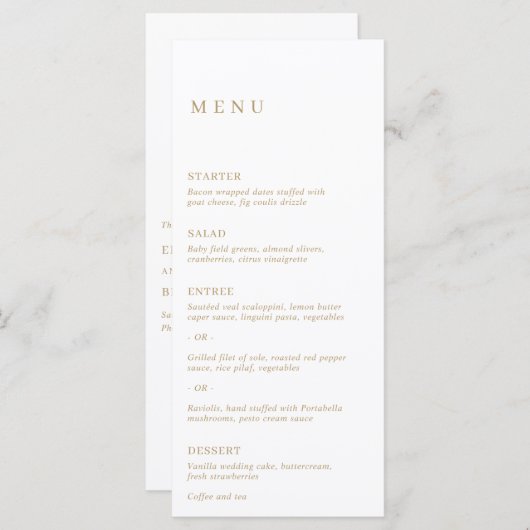 Minimalistische Gouden Moderne Bruiloft Menu (Voorkant / Achterkant)