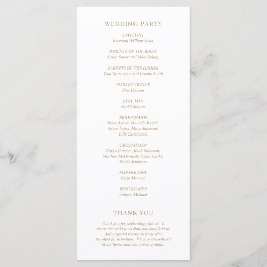 Minimalistische Gouden Moderne Bruiloft Programmakaart (Achterkant)