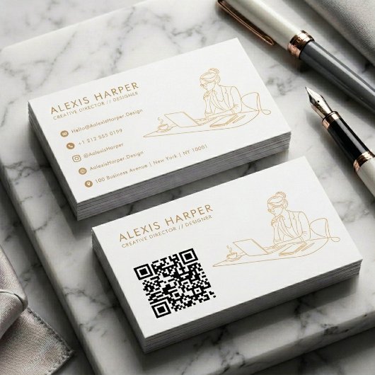Minimalistische Gouden Moderne Lijnkunst QR-code Visitekaartje