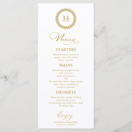 Minimalistische gouden monogram script trouwmenu k menu (Voorkant)