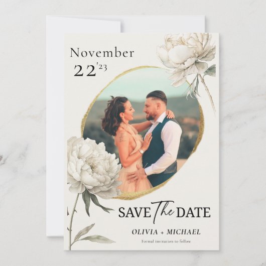 Minimalistische gouden pioenenfoto Save the Date (Voorkant)