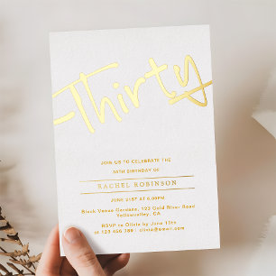 Minimalistische Gouden Script 30e Verjaardagsfeest Folie Uitnodiging