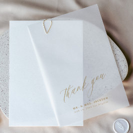 Minimalistische gouden script bruiloft dank u over vellum uitnodigingen