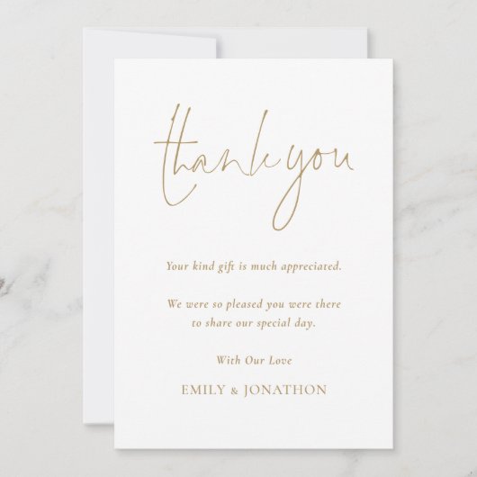 Minimalistische gouden script foto bruiloft dank u kaart (Voorkant)