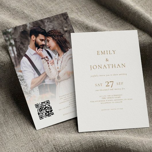 Minimalistische gouden script foto overlay QR brui Kaart