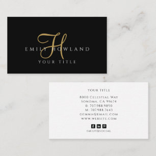 Minimalistische Gouden Script Monogram Naam Zwart Visitekaartje