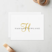 Minimalistische gouden script monogramnaam  notitiekaartje (Voorkant / Achterkant in situ)