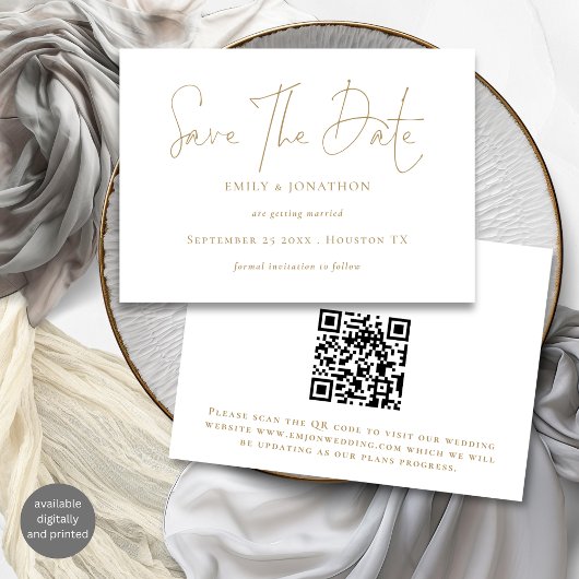 Minimalistische gouden script QR-code Save The Date