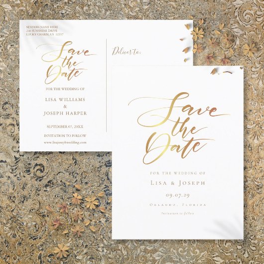 Minimalistische gouden script save-the-date aankondigingskaart