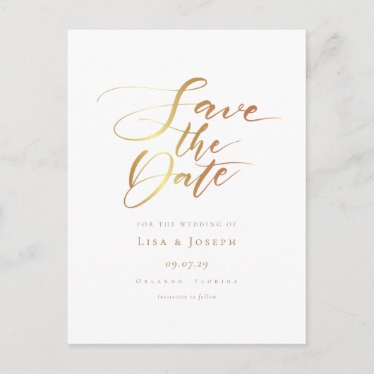 Minimalistische gouden script save-the-date aankondigingskaart (Voorkant)