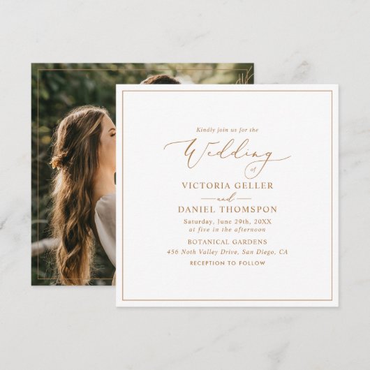 Minimalistische gouden vierkant foto bruiloft kaart (Voorkant / Achterkant)