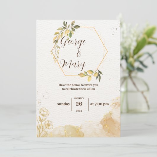 Minimalistische gouden waterverf bruiloft uitnodig kaart (Staand voorkant)