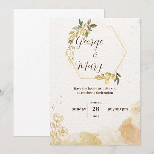 Minimalistische gouden waterverf bruiloft uitnodig kaart (Voorkant / Achterkant)