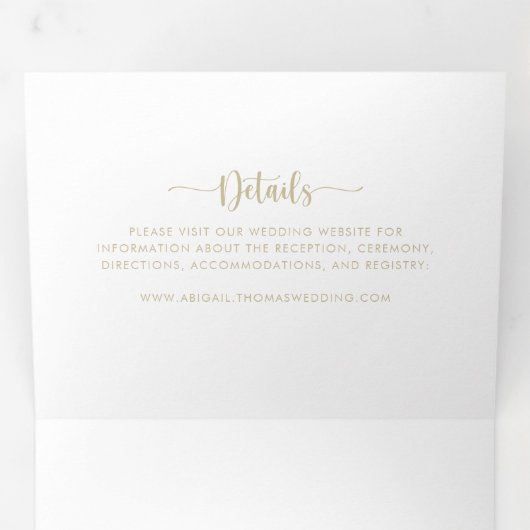 Minimalistische goudkalligrafie drieluik uitnodiging (Binnenzijde eerst)