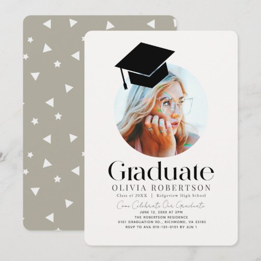 Minimalistische Graduation Cap Khaki Foto Kaart (Voorkant / Achterkant)