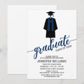 Minimalistische Graduation Party Pet & Gown Navy B Kaart (Voorkant / Achterkant)