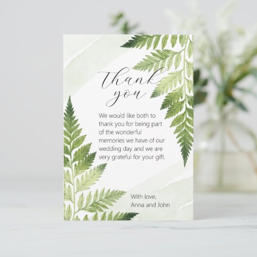 Minimalistische Green Fern bruiloft dank u kaart (Staand voorkant)